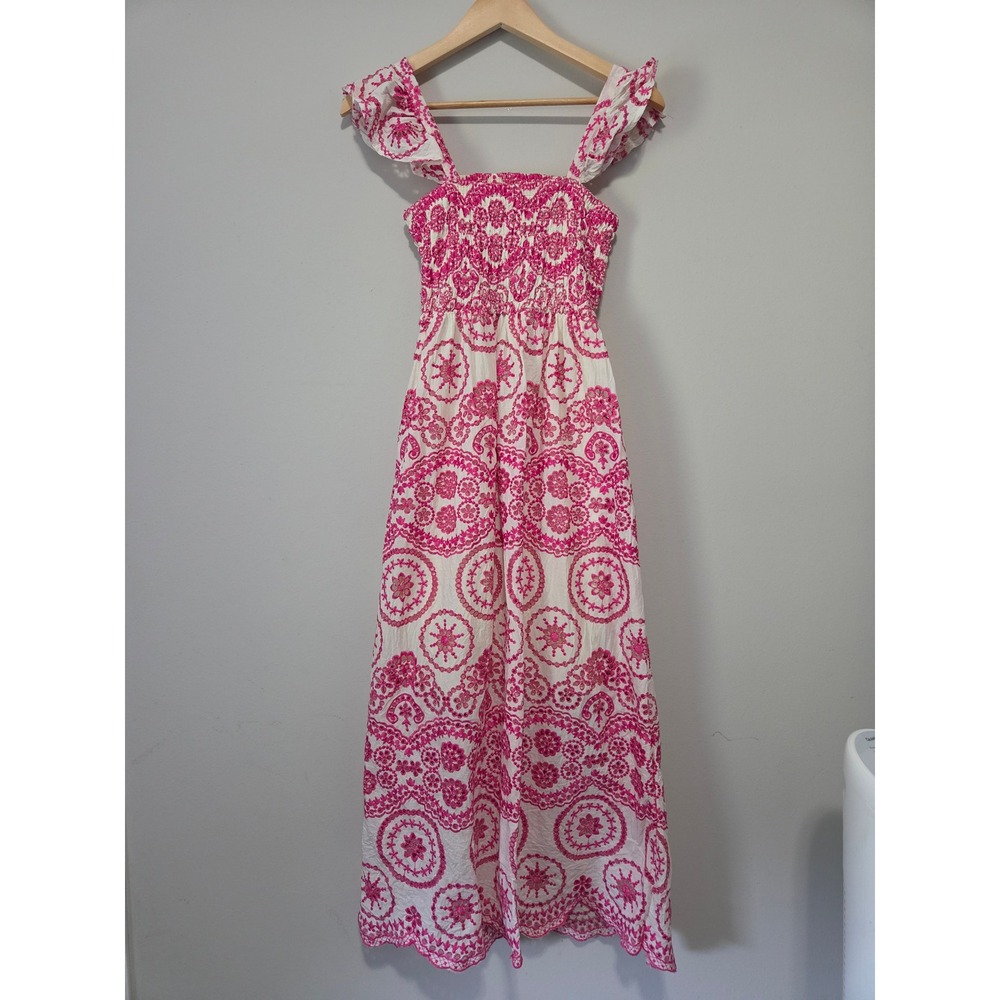 Sunday Up Women Pink White Eyelet Cotton Smocked Maxi Dress Cutout Back Ruffle L